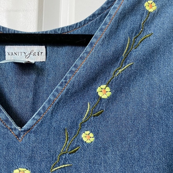 Vintage Vanity Fair Denim Floral  Embroidered V-neck Maxi Dress - Picture 5 of 10